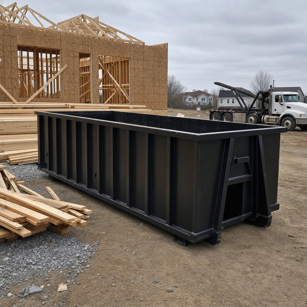 Matte-black 40-yard roll-off dumpster staged on a framed-out residential construction site in Odessa, framing lumber stacked nearby, hooklift delivery truck visible in the background under bright Colorado daylight