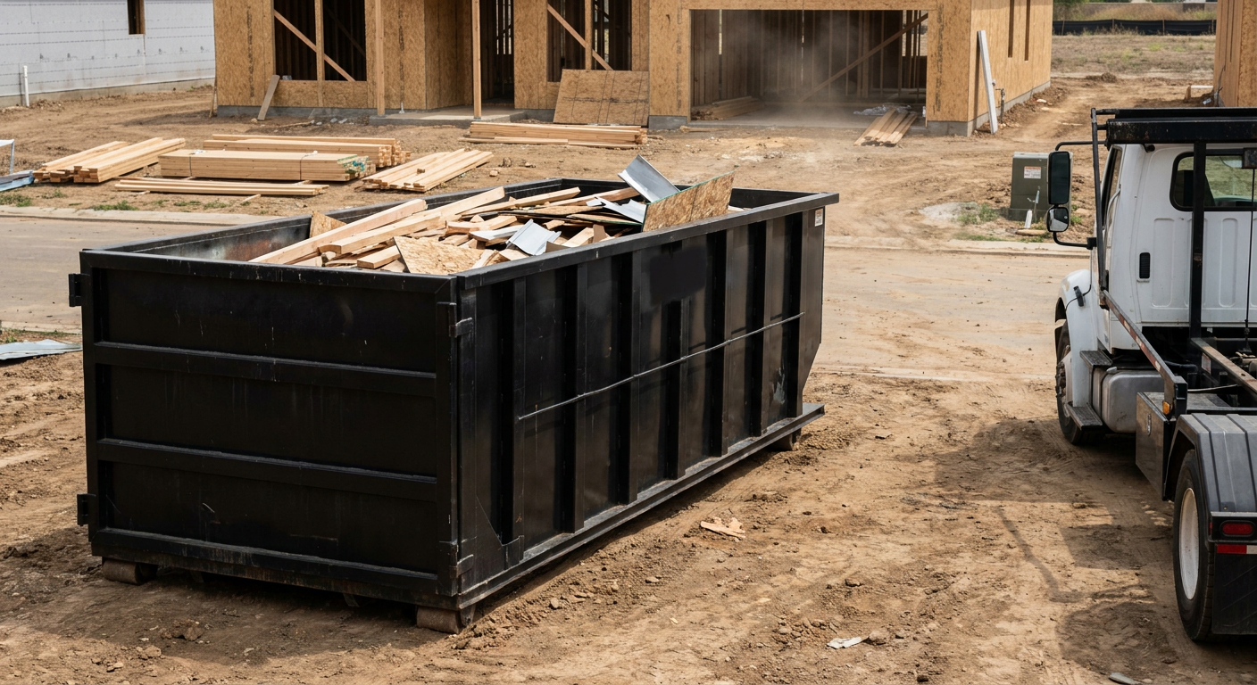 Matte-black 20-yard roll-off construction dumpster with heavy ribbed steel sidewalls and swing rear doors at a working jobsite in Odessa, sitting directly on compacted dirt with an unmarked white hauler partially visible at the far edge of the frame.
