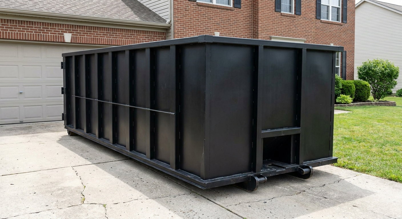 Matte-black 20-yard roll-off container on a Odessa residential concrete driveway with reinforced ribbed steel sidewalls and a hinged rear walk-in door, clean bright daylight.