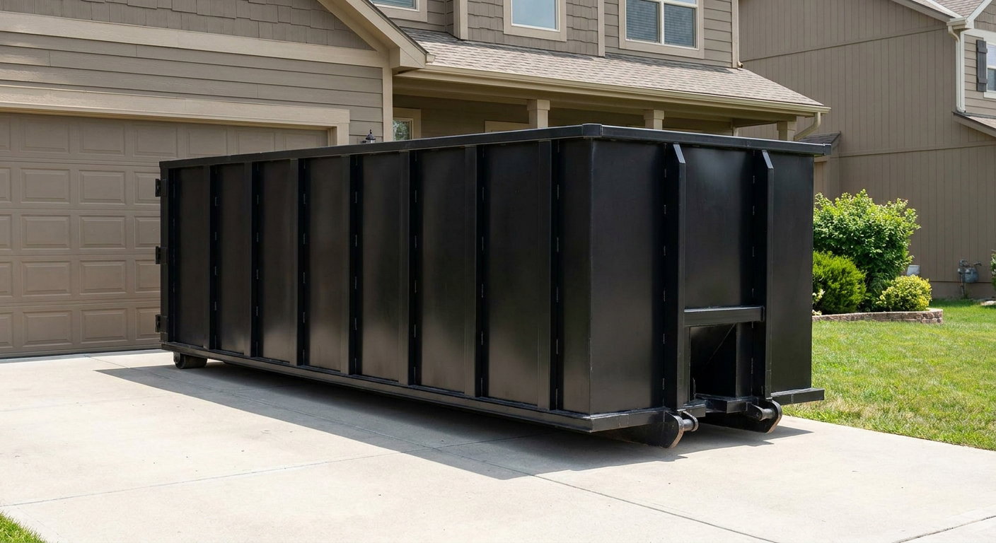 Matte-black residential roll-off dumpster sitting directly on a suburban Odessa concrete driveway, garage door closed, single-family home in background, bright morning daylight.