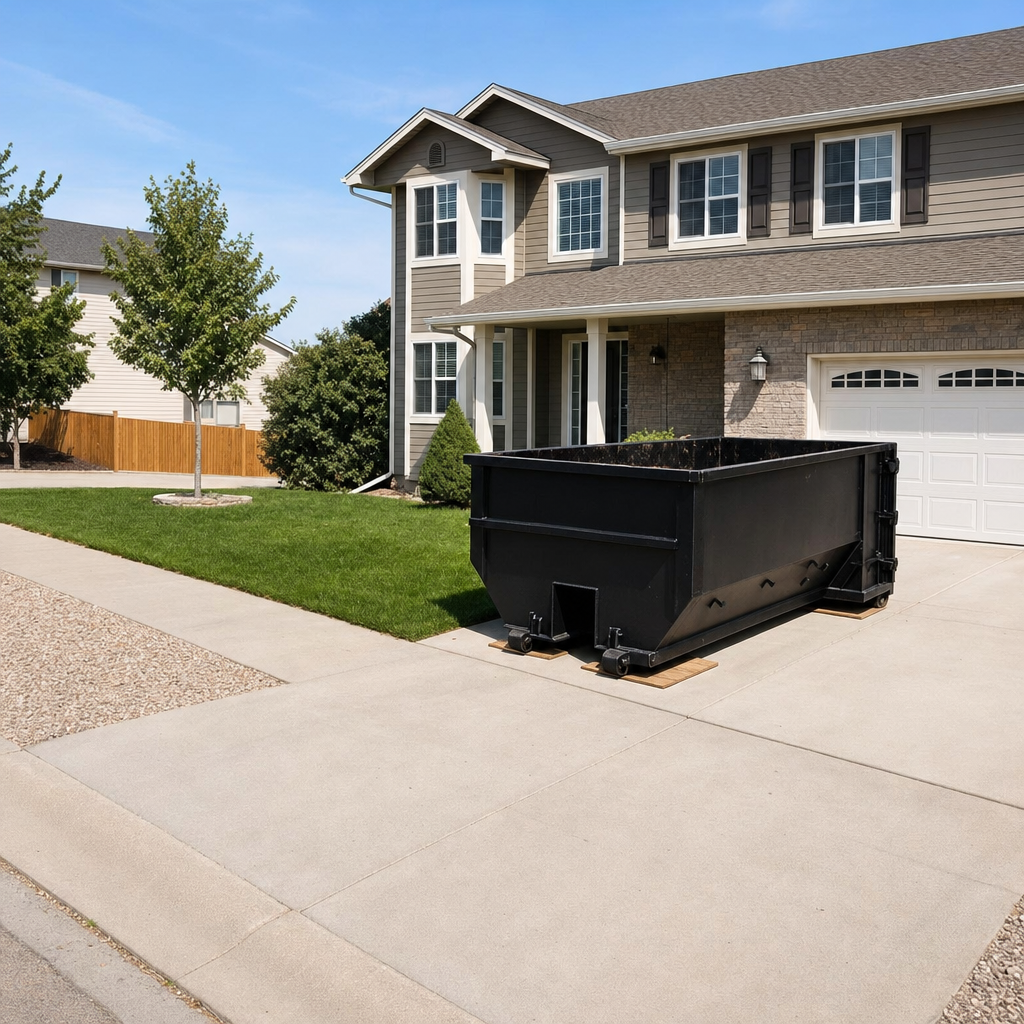 10-yard matte-black residential dumpster placed directly on a narrow Odessa concrete driveway, room remains for a parked sedan beside it, mid-morning natural light