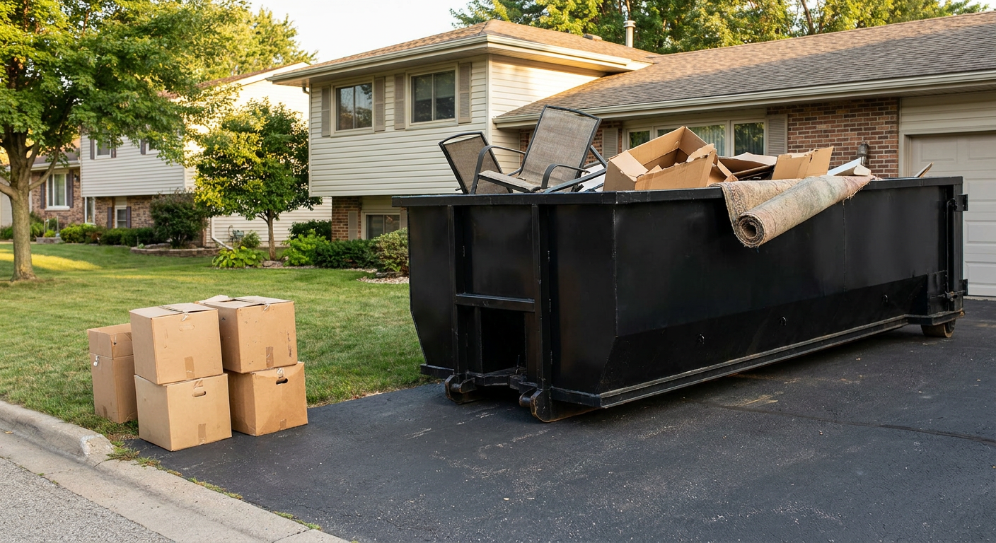 Front-yard view of a Odessa split-level home with a 20-yard matte-black roll-off dumpster sitting directly on the asphalt driveway, a few clearly labeled donation boxes staged at the curb, calm sunny afternoon.