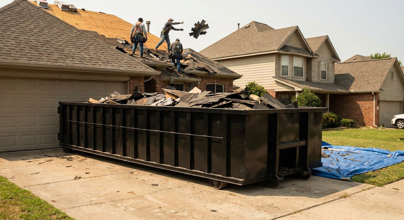 Matte-black roofing roll-off dumpster placed directly on a Odessa residential concrete driveway, a tear-off crew on a two-story asphalt-shingle roof tossing shingle bundles into the low-walled container, bright daylight, documentary 35mm perspective.