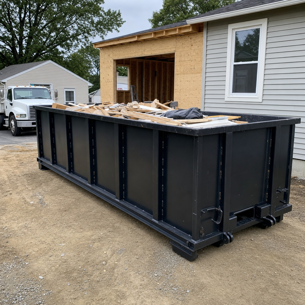 A matte-black 30-yard roll-off dumpster positioned at a Odessa residential addition jobsite, with framing lumber and drywall scraps loaded through the open swinging rear doors.