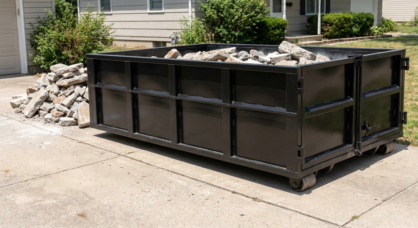 A matte-black low-side heavy-debris roll-off dumpster placed directly on a Odessa concrete driveway, with broken concrete chunks neatly stacked beside it under clean daylight.
